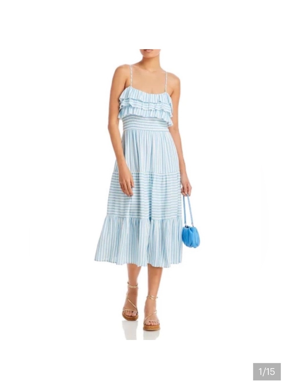 Aqua Sleeveless Light Blue Striped Ruffle Midi Dress